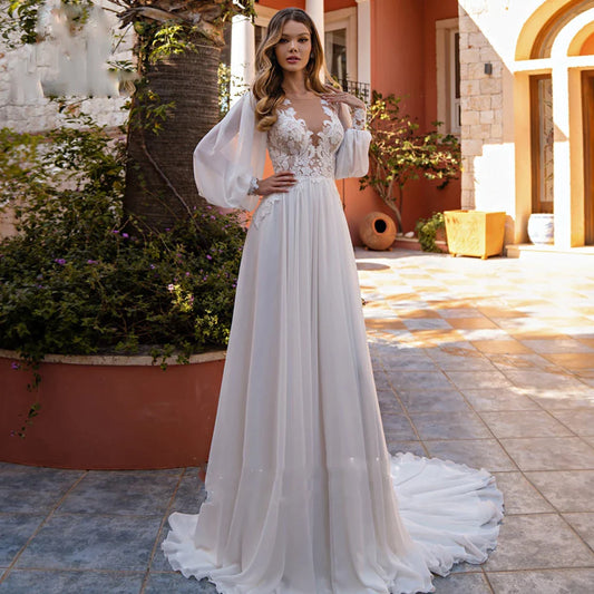 Simple A-Line V-neck Chiffon Wedding Dress Women's Elegant Decal Back Button Design Bridal Gowns Beach Party Welcome Vestido Nov-payinti