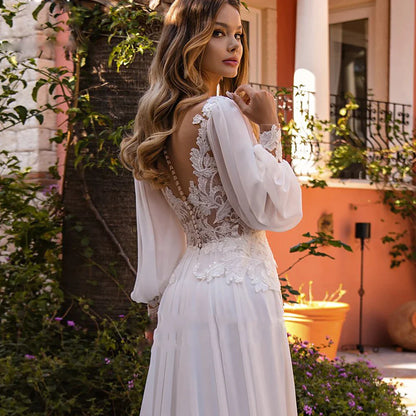 Simple A-Line V-neck Chiffon Wedding Dress Women's Elegant Decal Back Button Design Bridal Gowns Beach Party Welcome Vestido Nov-payinti