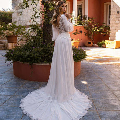 Simple A-Line V-neck Chiffon Wedding Dress Women's Elegant Decal Back Button Design Bridal Gowns Beach Party Welcome Vestido Nov-payinti