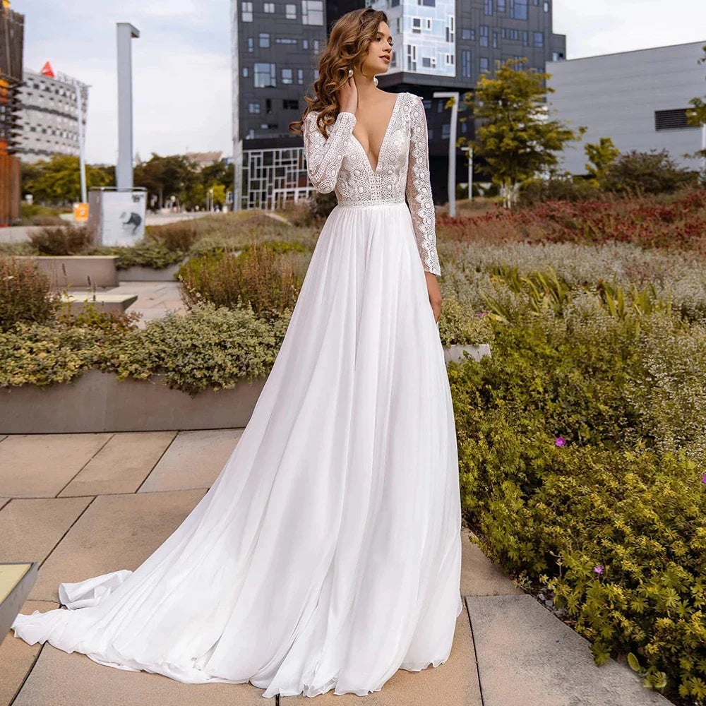 Simple Chiffon Boho Wedding Dresses Deep Sexy V Neck Long Sleeves Flowy Bohemian Bridal Wedding Gowns Backless A Line Robe Maria-payinti