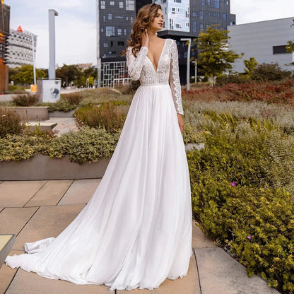 Simple Chiffon Boho Wedding Dresses Deep Sexy V Neck Long Sleeves Flowy Bohemian Bridal Wedding Gowns Backless A Line Robe Maria-payinti