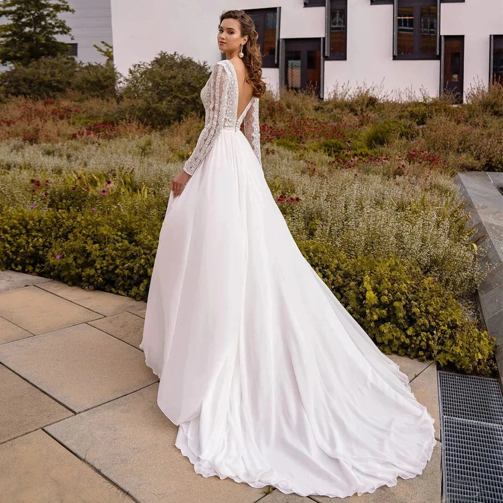 Simple Chiffon Boho Wedding Dresses Deep Sexy V Neck Long Sleeves Flowy Bohemian Bridal Wedding Gowns Backless A Line Robe Maria-payinti