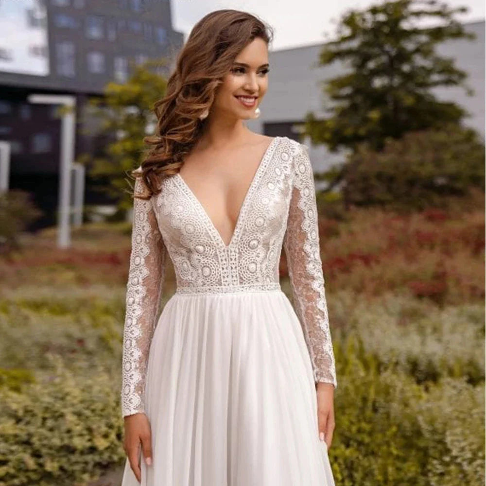 Simple Chiffon Boho Wedding Dresses Deep Sexy V Neck Long Sleeves Flowy Bohemian Bridal Wedding Gowns Backless A Line Robe Maria-payinti