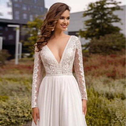 Simple Chiffon Boho Wedding Dresses Deep Sexy V Neck Long Sleeves Flowy Bohemian Bridal Wedding Gowns Backless A Line Robe Maria-payinti