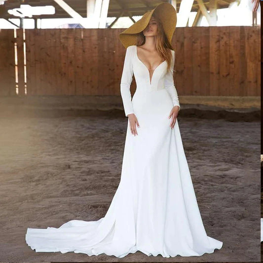 Simple Long Sleeves Wedding Dresses 2024 Sexy Deep V Neck Bridal Gown Backless Sweep Train Civil Robe De Mariee Country Marriage-payinti