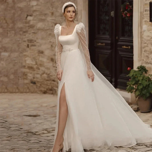 Simple Wedding Dresses A Line Long Illusion Sleeve Fuffy Tulle Ball Gowns Woman's Formal Bride Beach Party Vestidos Para Mujer-payinti