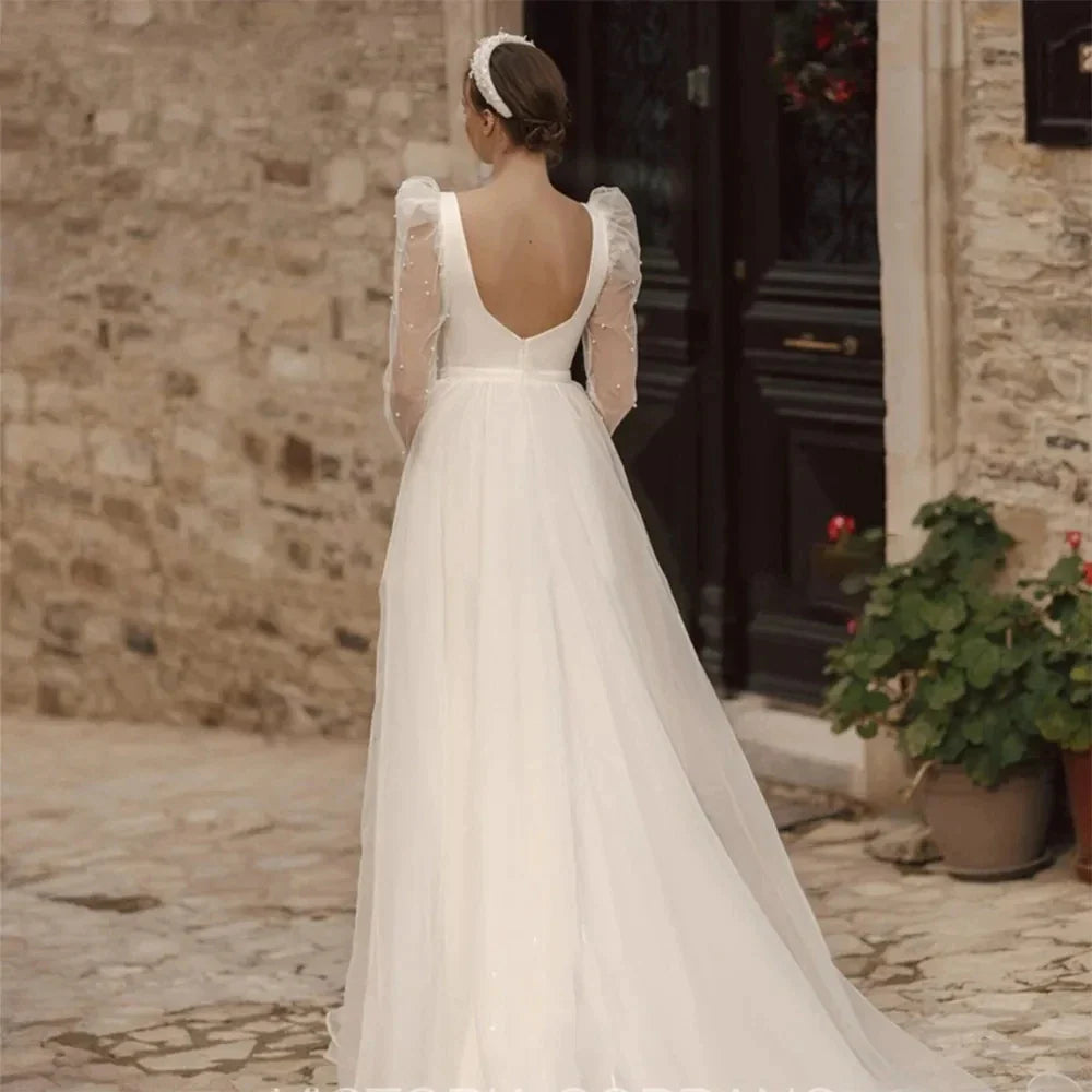 Simple Wedding Dresses A Line Long Illusion Sleeve Fuffy Tulle Ball Gowns Woman's Formal Bride Beach Party Vestidos Para Mujer-payinti