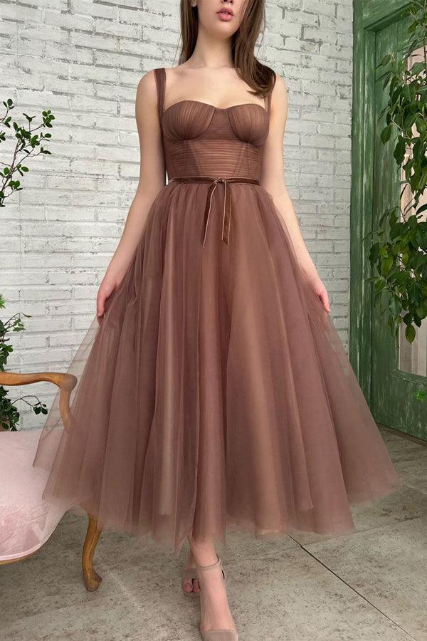 Lyra | Vestido de fiesta corto de tul, sencillo, corte A, largo hasta la rodilla, vestido de bienvenida