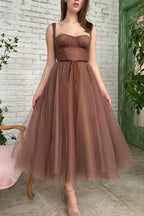 Lyra | Vestido de fiesta corto de tul, sencillo, corte A, largo hasta la rodilla, vestido de bienvenida