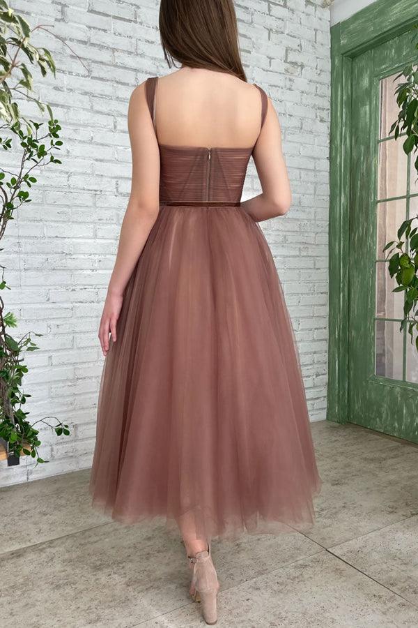 Lyra | Vestido de fiesta corto de tul, sencillo, corte A, largo hasta la rodilla, vestido de bienvenida