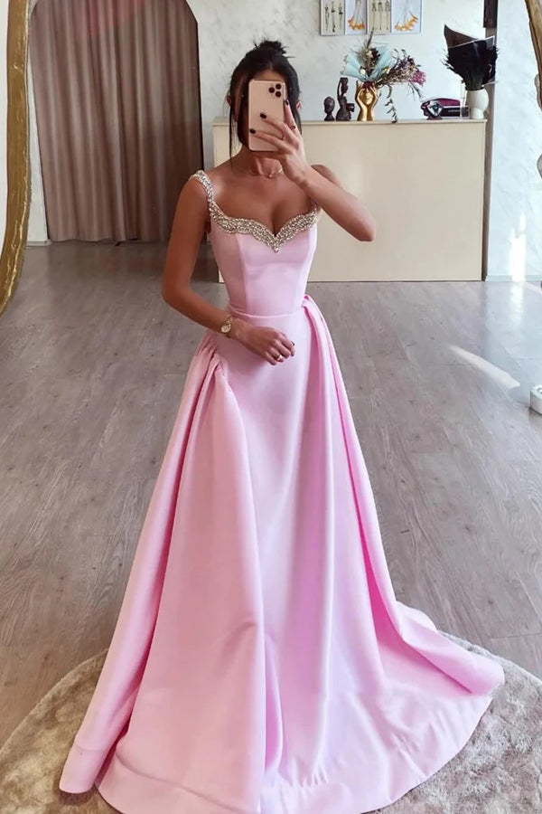 Einfaches langes Ballkleid aus rosa Satin in A-Linie mit Perlenbesatz PSK562