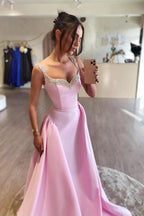 Einfaches langes Ballkleid aus rosa Satin in A-Linie mit Perlenbesatz PSK562