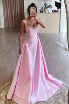Einfaches langes Ballkleid aus rosa Satin in A-Linie mit Perlenbesatz PSK562