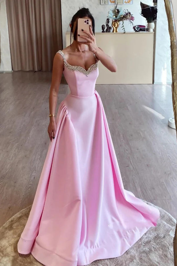 Einfaches langes Ballkleid aus rosa Satin in A-Linie mit Perlenbesatz PSK562