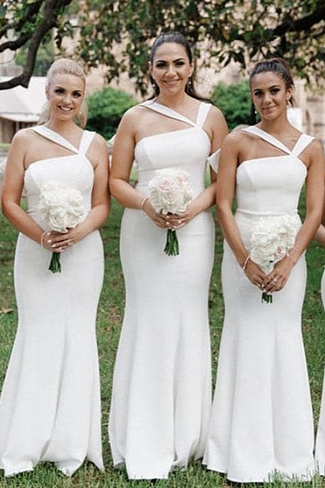 Vestido de dama de honor blanco de corte sirena y espalda descubierta SCB63