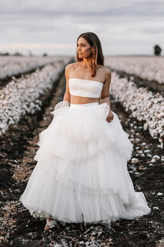 Vestido de novia sencillo de dos piezas, estilo campestre, con capas WD715
