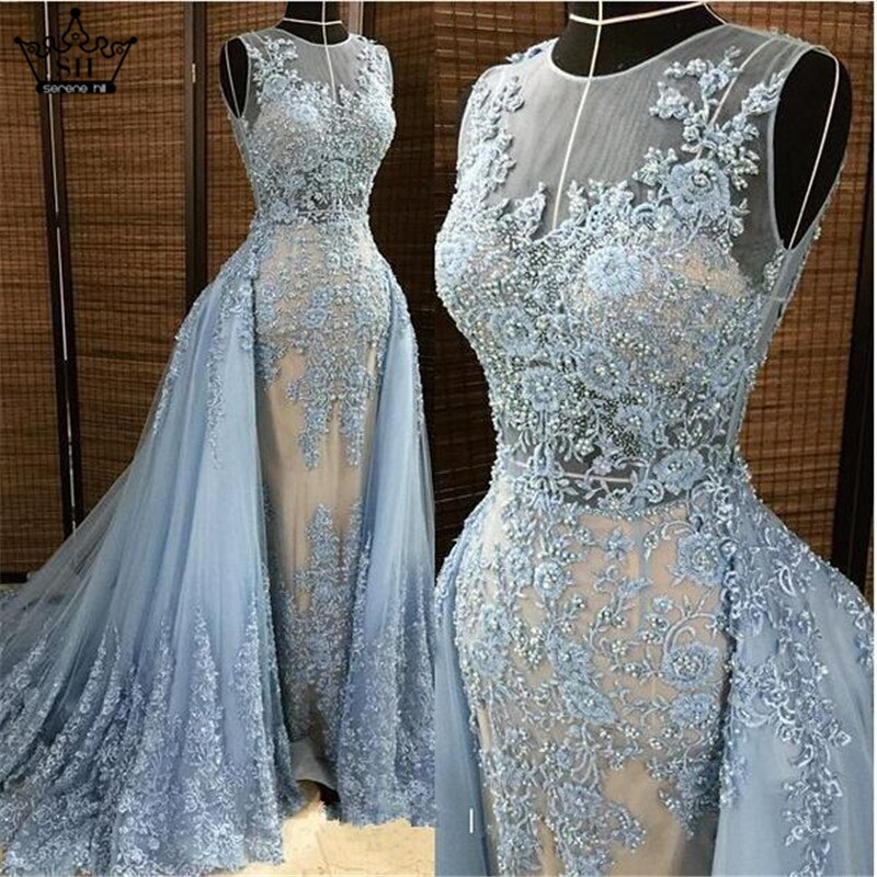 Sirène Robe de Soirée Bleu Applikationen Tulls Long-Parole Longueur Sans Manches Formelle Robe de Soirée 2025 Vraie Image 