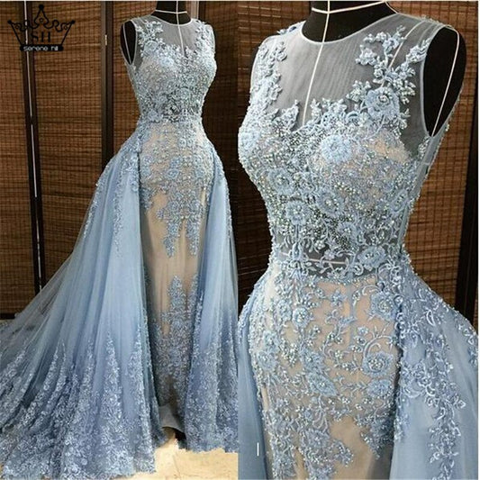 Sirène Robe de Soirée Bleu Applikationen Tulls Long-Parole Longueur Sans Manches Formelle Robe de Soirée 2025 Vraie Image 