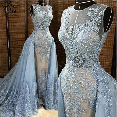 Sirène Robe de Soirée Bleu Applikationen Tulls Long-Parole Longueur Sans Manches Formelle Robe de Soirée 2025 Vraie Image 