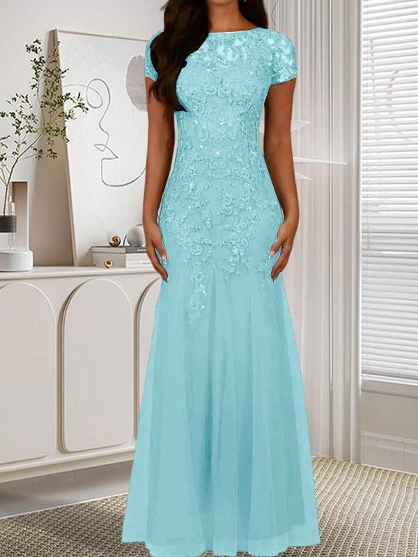 Vestido de tul con lentejuelas y escote redondo de sirena en azul marino oscuro