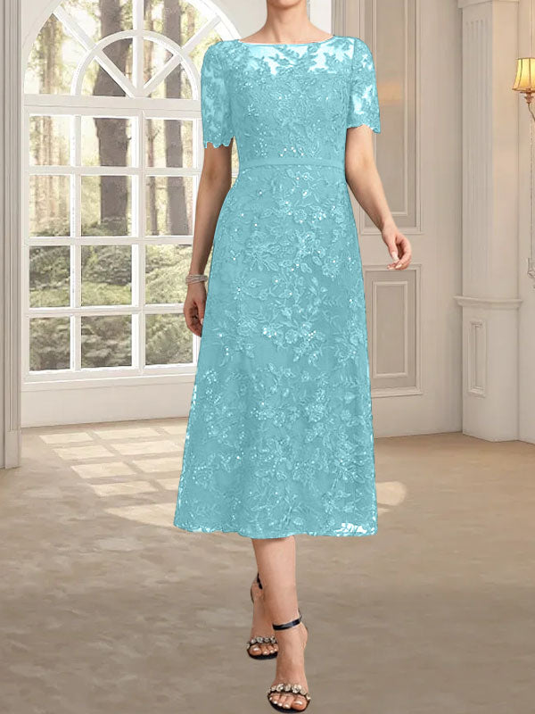 Vestido de madre de la novia de encaje con lentejuelas, corte A, escote ilusión y largo hasta la rodilla
