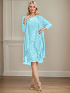 Vestido de madre de la novia de gasa con encaje, escote redondo, ilusión, largo hasta la rodilla, con volantes en cascada y lentejuelas