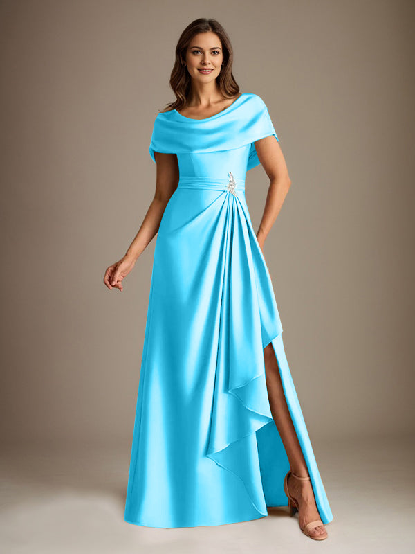 Vestido de madre de la novia de satén elástico, corte A, largo hasta el suelo, con escote redondo y volantes en cascada