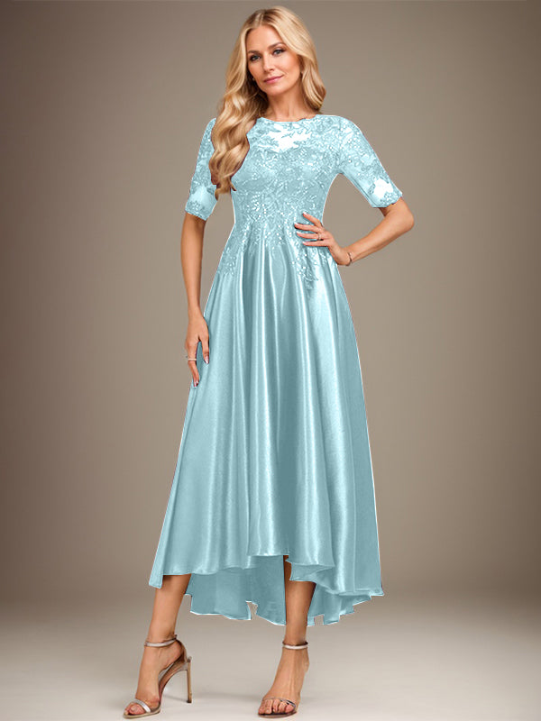 Vestido de madre de la novia de encaje satinado elástico asimétrico con ilusión de escote redondo y lentejuelas