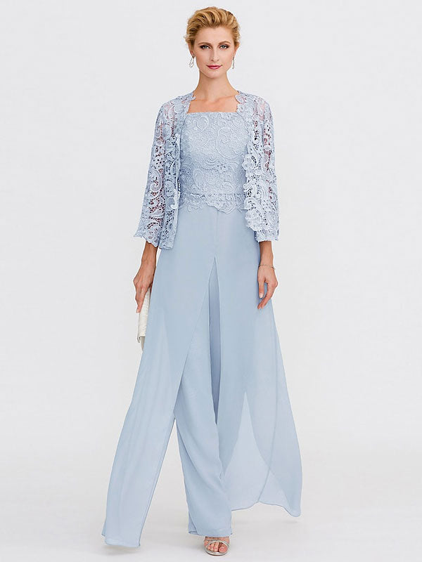 3-teiliger Chiffon-Hosenanzug mit quadratischem Ausschnitt und Jacke für die Mutter der Braut 