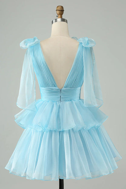 V Neck Pleated Tiered Short Homecoming Dress SYH109