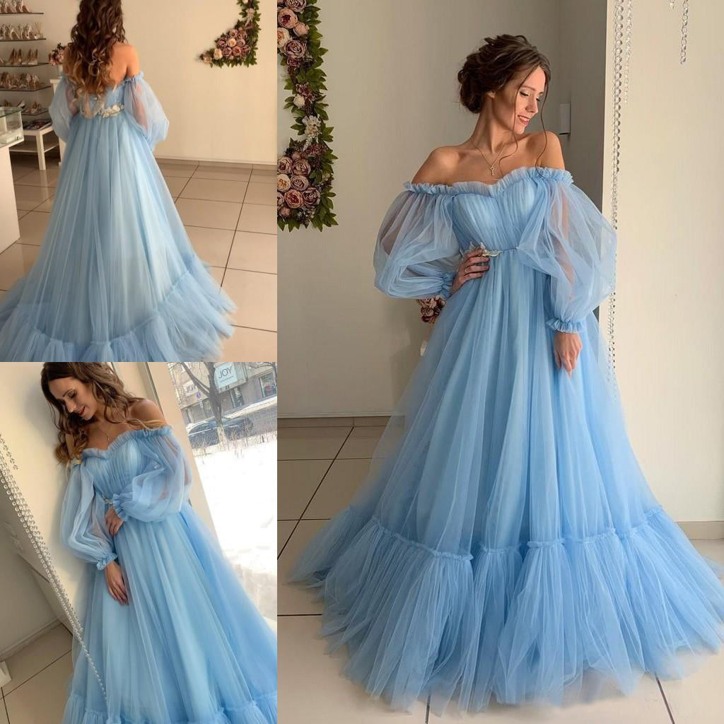 Quinceanera-Kleid A-Linie Himmelblau Bohemian Tüll Strand Sommer Ballkleid