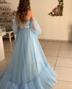 Quinceanera-Kleid A-Linie Himmelblau Bohemian Tüll Strand Sommer Ballkleid