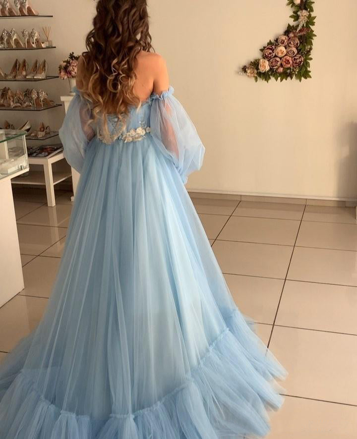 Quinceanera-Kleid A-Linie Himmelblau Bohemian Tüll Strand Sommer Ballkleid