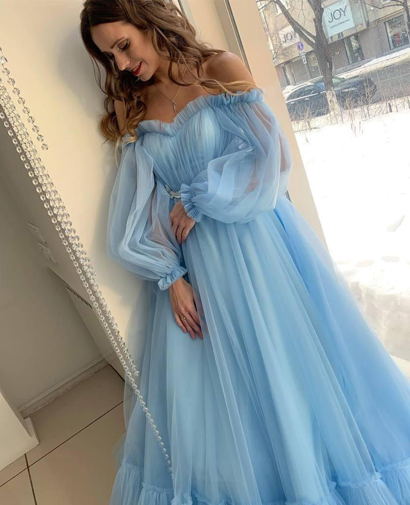 Quinceanera-Kleid A-Linie Himmelblau Bohemian Tüll Strand Sommer Ballkleid