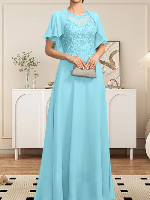 Vestido de gasa con encaje y lentejuelas para madre de la novia, corte A, escote ilusión, largo hasta el suelo