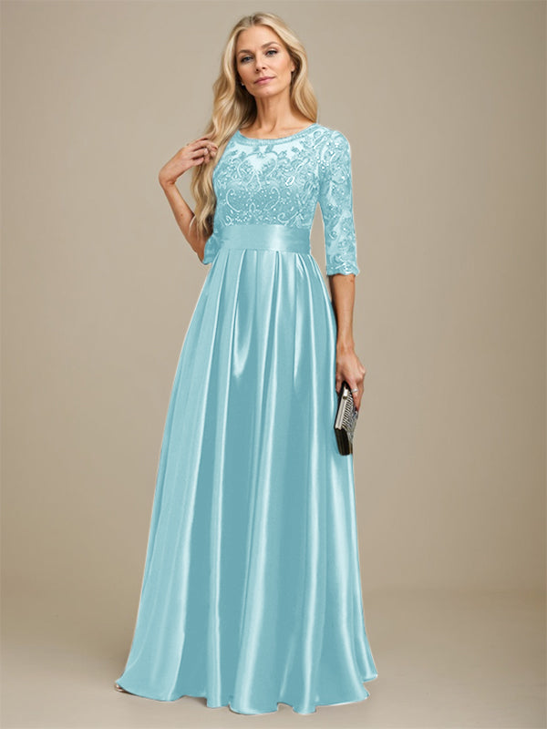 Vestido de madre de la novia de satén elástico con encaje, corte A, escote ilusión, largo hasta el suelo, con lazo y lentejuelas