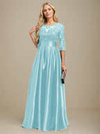 Vestido de madre de la novia de satén elástico con encaje, corte A, escote ilusión, largo hasta el suelo, con lazo y lentejuelas