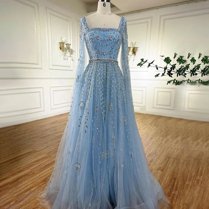 Muslimisches karamellfarbenes, perlenbesetztes A-Linien-Abendkleid mit Cape-Ärmeln LA71803A 