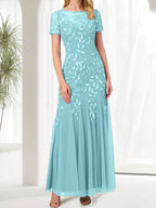 Vestido largo de sirena azul con cuello redondo para madre de la novia con cuentas