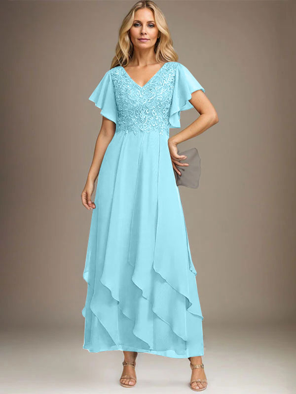 A-line V-Neck Ankle-Length Lace Chiffon Mother of the Bride Dress With Cascading Ruffles