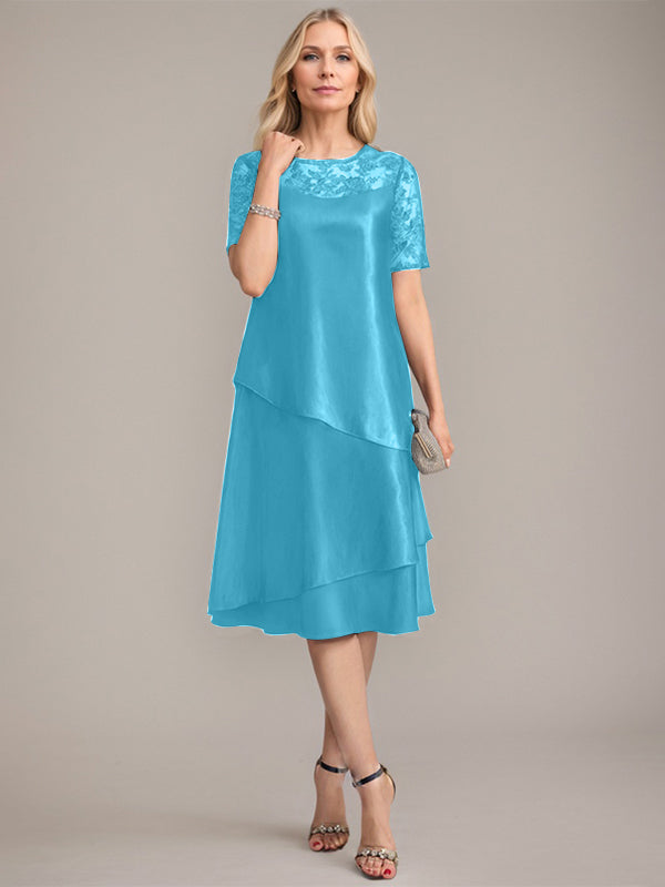 Vestido de madre de la novia con corte en A, escote redondo y largo hasta la rodilla, con apliques y lentejuelas
