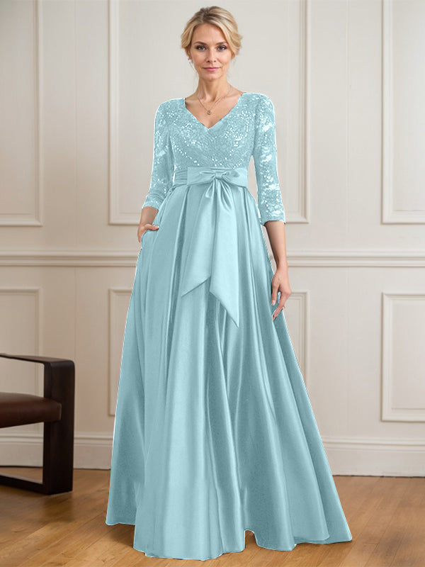 A-Linie V-Ausschnitt Bodenlanges Satin-Spitzenkleid für die Brautmutter mit Paillettenschleife 