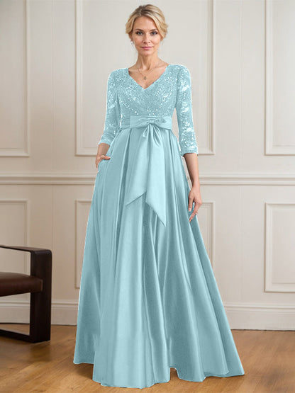 A-Linie V-Ausschnitt Bodenlanges Satin-Spitzenkleid für die Brautmutter mit Paillettenschleife 