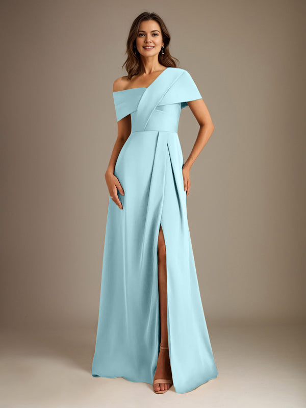 A-Line Asymmetrical Neckline Floor-Length Satin Mother of the Bride Dress With Pleated