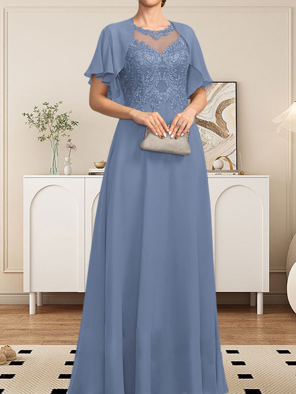 Vestido de gasa con encaje y lentejuelas para madre de la novia, corte A, escote ilusión, largo hasta el suelo