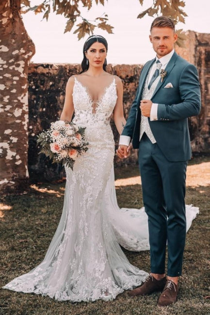 Vestido de novia de tul con escote en V, sin mangas y largo hasta el suelo, con encaje