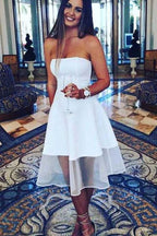 Vestido de fiesta blanco sin mangas, corte A, largo hasta la rodilla, sin tirantes, PD442