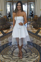 Vestido de fiesta blanco sin mangas, corte A, largo hasta la rodilla, sin tirantes, PD442