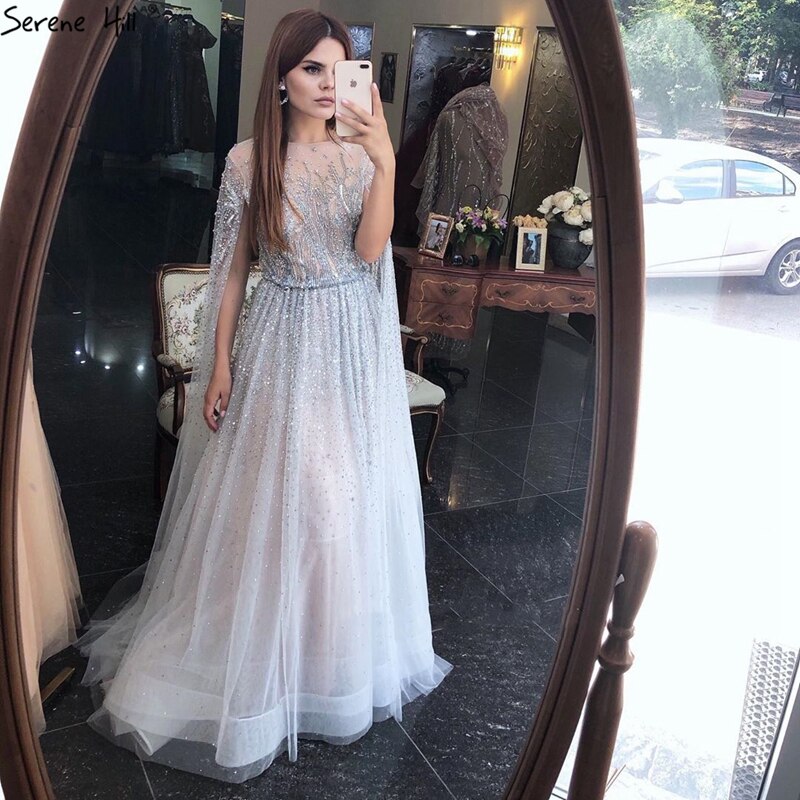 Vestidos de noche de lujo con cuello en A, mangas largas y apliques de cuentas, corte A, sexys, de Cerene Hill (LA60869)