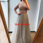 Vestidos de noche de lujo con cuello en A, mangas largas y apliques de cuentas, corte A, sexys, de Cerene Hill (LA60869)